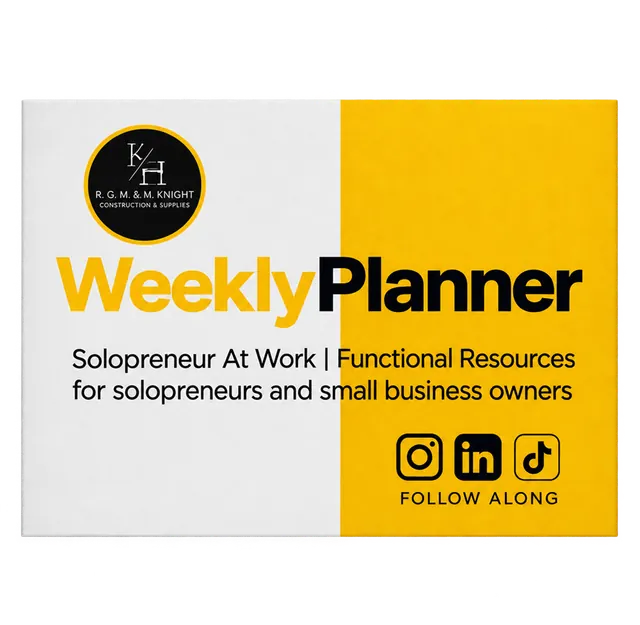 The Weekly Planner cover, split white and gold, reading Weekly Planner: Solopreneur At Work, functional resources for solopreneurs and small business owners